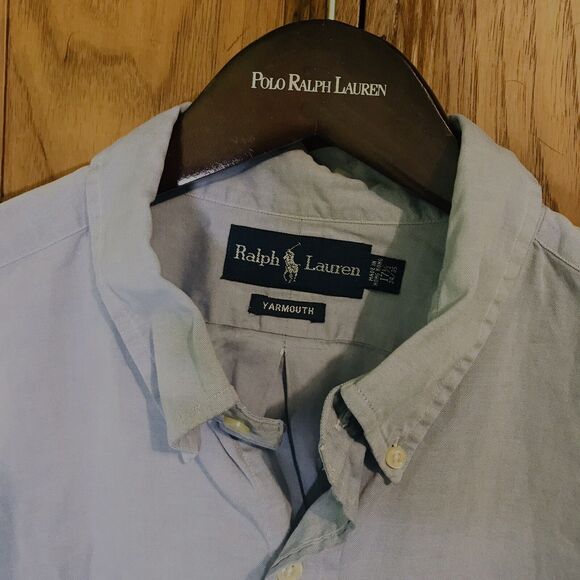 Ralph Lauren Yarmouth Blue Chambray Long Sleeve Button Down Mens 17.5 Polo Shirt - Picture 7 of 10